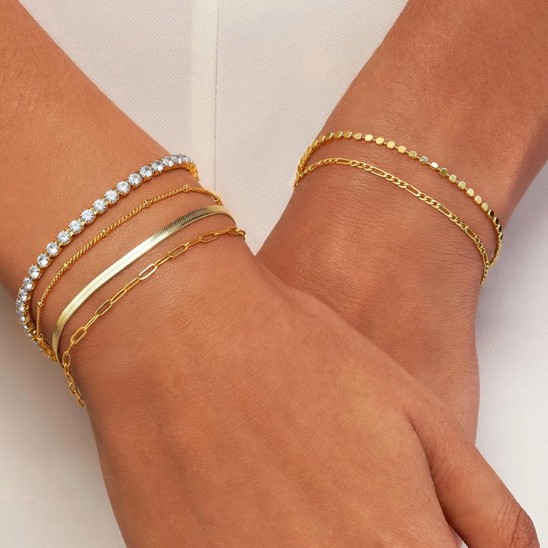 Krfy 5/6Pcs Gold Plated Bracelets for Women Trendy, S925 Plated Silver Bracelet Stack, Non Tarnish Waterproof Bracelets for Women, Paperclip Herringbone Figaro Cuban Twist Chains, Size 6.5''+2'' - Image 5